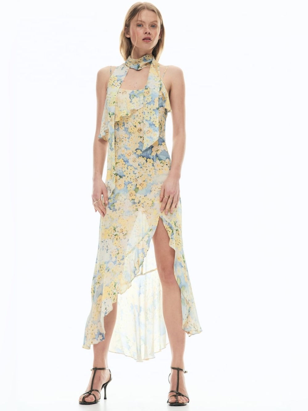 H&M Floral Flounced Chiffon Midi Camisole Dress with Scarf